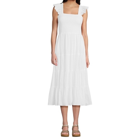 Lands’ End Women’s Dobby Smocked Ruffle Cotton Lined Tiered Dress Pockets2X NWOT - Picture 1 of 9